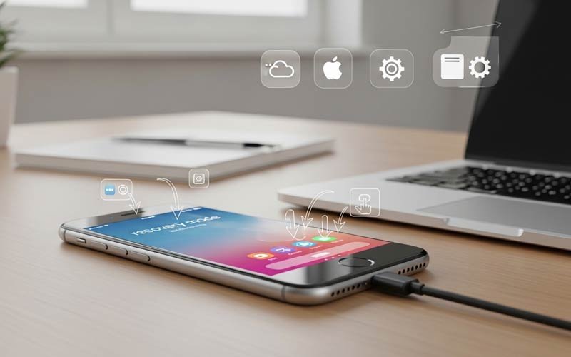 iPhone connected to a laptop in recovery mode, showing steps to reset without password, with icons of iCloud and Apple ID.