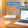 Person changing WiFi password on phone and laptop with router, showing secure network setup.