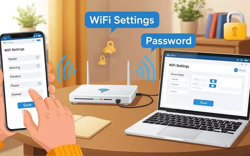 Person changing WiFi password on phone and laptop with router, showing secure network setup.