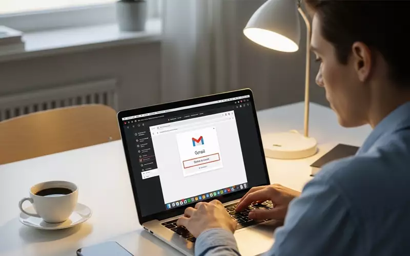 Person using a laptop to access Gmail settings and delete a Gmail account permanently