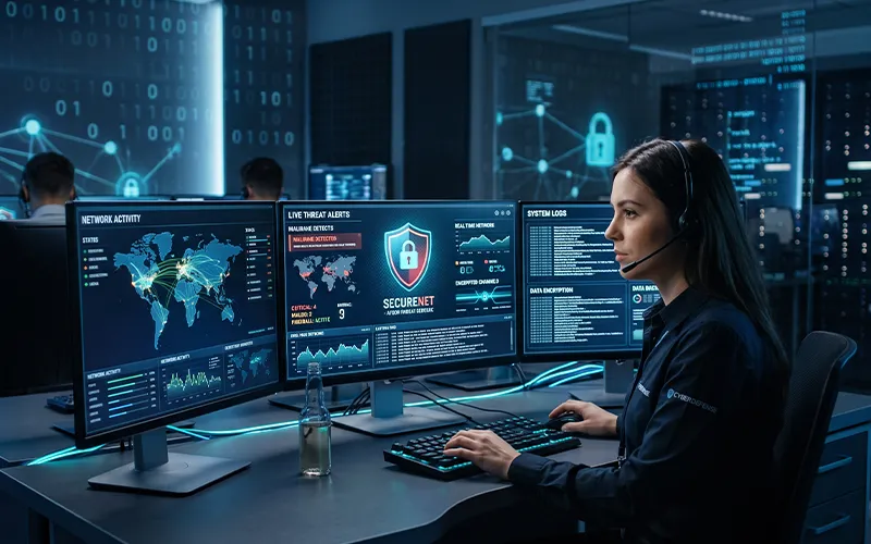 Cyber Security Analyst monitoring digital security threats and network activity