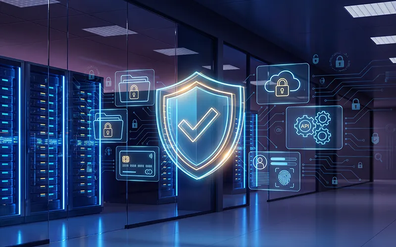 Data security compliance protecting business data with digital security shield