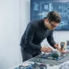 Computer hardware engineer working with computer components and circuit boards