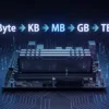 Computer memory units from bit and byte to KB, MB, GB and TB