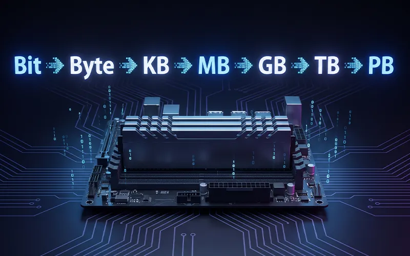 Computer memory units from bit and byte to KB, MB, GB and TB