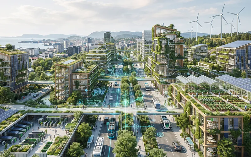 Green technology solutions including solar panels, wind turbines, electric vehicles, and smart farming