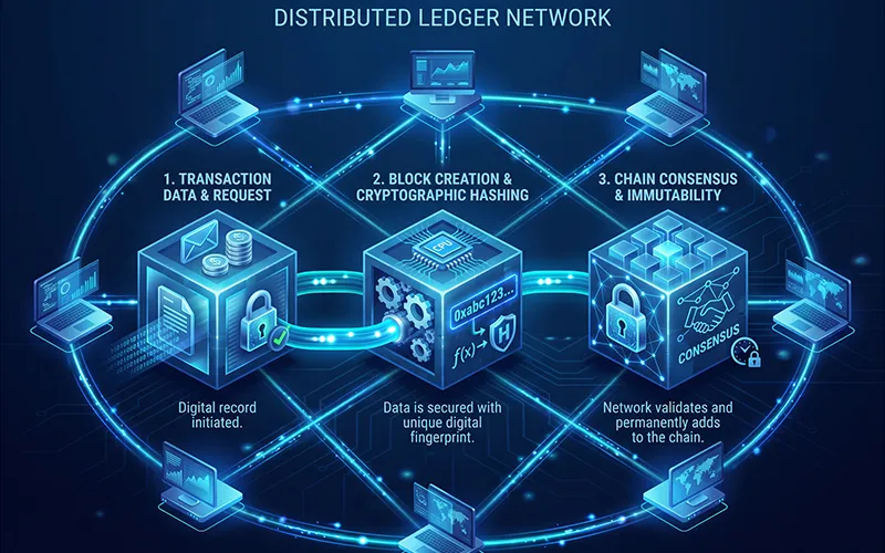 How blockchain works with connected blocks and network nodes