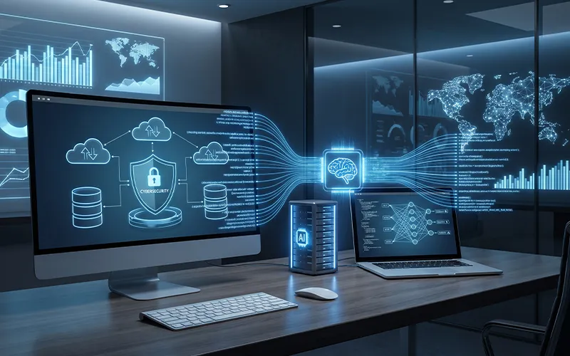 Information technology with computers, cloud computing, cybersecurity, and digital networks