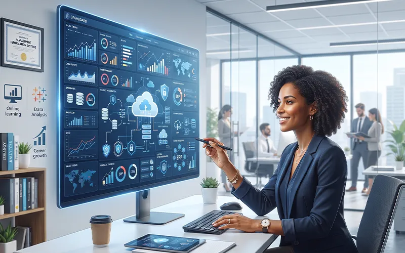 Management information systems dashboard showing business data and technology