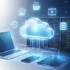 Cloud storage connected to laptop, smartphone, tablet, and data servers