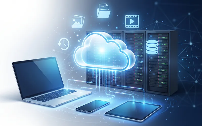 Cloud storage connected to laptop, smartphone, tablet, and data servers